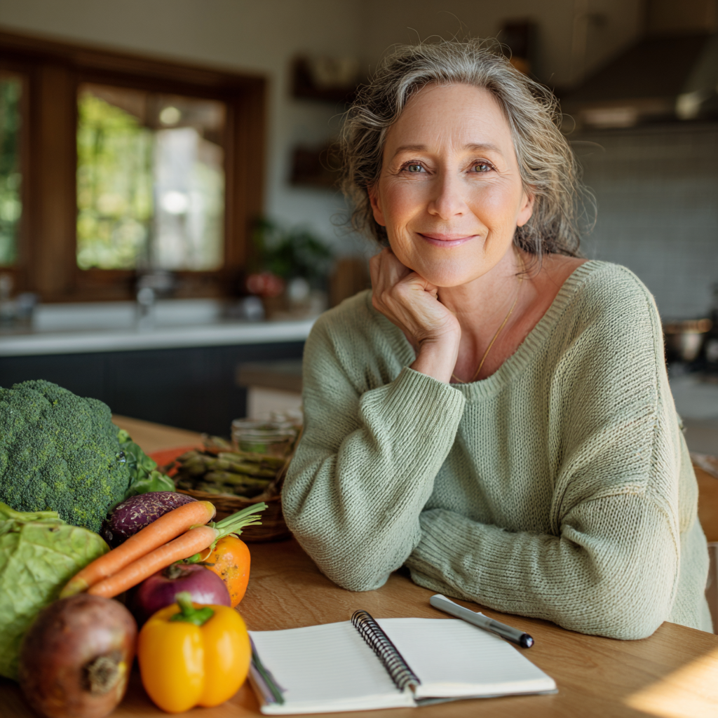 A middle-aged woman in her 50s with graying hair, wearing a light green sweater, sitting at a wooden kitchen table with fresh vegetables, fruits, and a notebook for meal planning. She has a warm smile and appears confident and content while organizing her healthy eating plan. Natural lighting from a window creates a welcoming atmosphere in her modern kitchen.