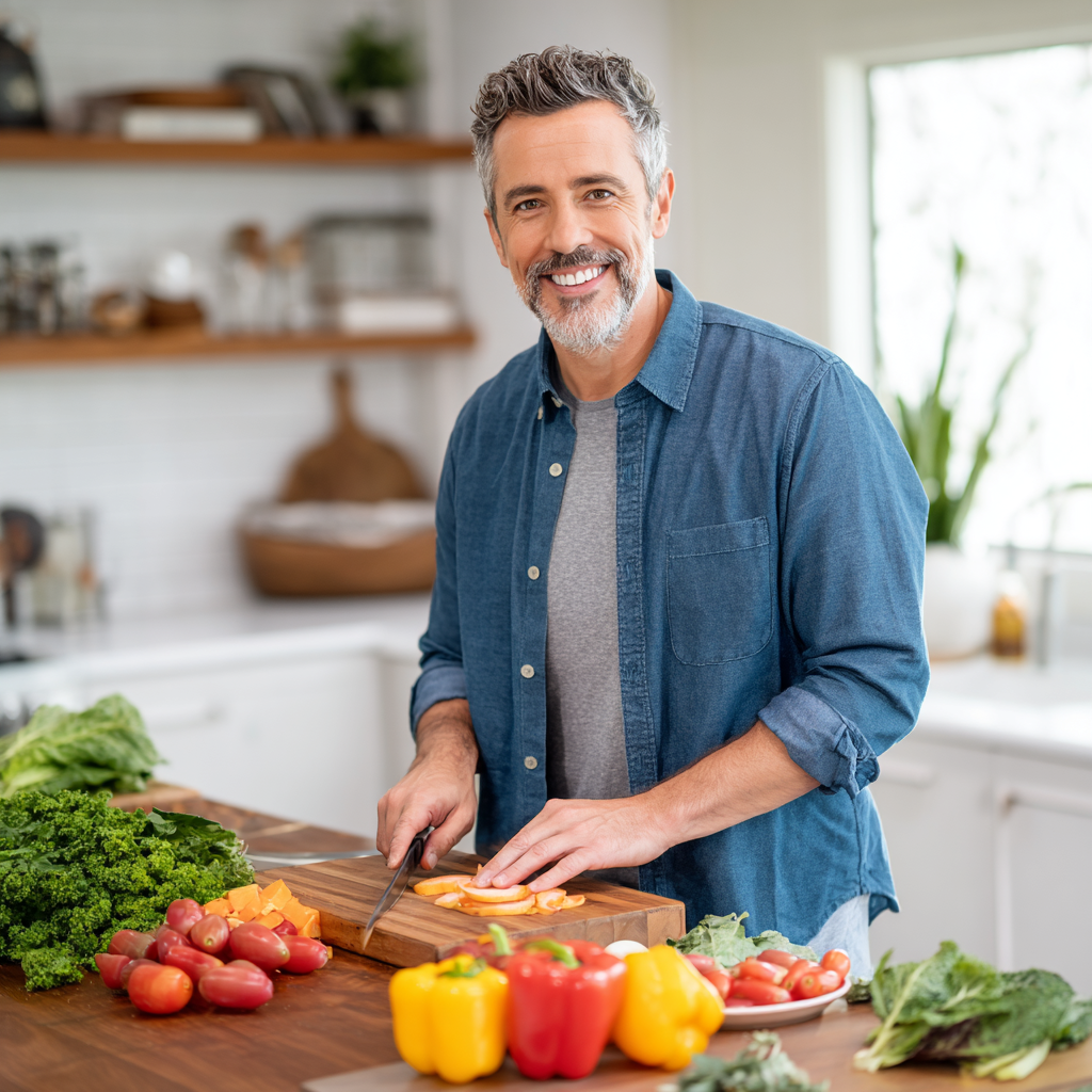 A smiling man in his mid-40s with salt-and-pepper beard, wearing a casual blue shirt, standing in a bright modern kitchen while chopping fresh vegetables on a wooden cutting board. Around him are colorful bell peppers, tomatoes, leafy greens, and herbs. He looks confident and happy, demonstrating healthy meal preparation. The kitchen has white cabinets and plenty of natural light.